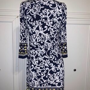 Chaps Navy & White Floral Long Sleeve Sheath Dress with Yellow Trim
